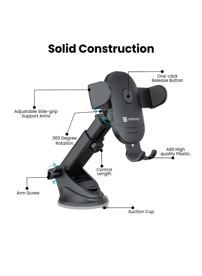 Portronics Clamp M2 Adjustable Car Mobile Phone Holder Stand for Dashboard & Windshield, 360° Rotational, Strong Suction Cup, Compatible with 4 to 6 inch Devices(Black) - Image 4